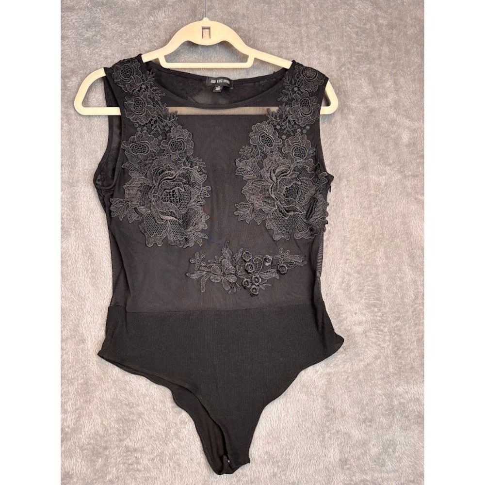 Jodi Kristopher Black Mesh Floral Lace Applique Bodysuit Sleeveless 8145-PS4B 11